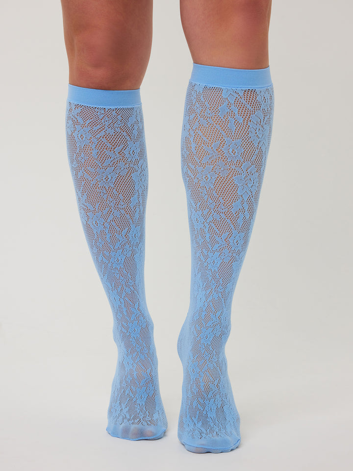 Floral Net Knee-Highs | Powder Blue