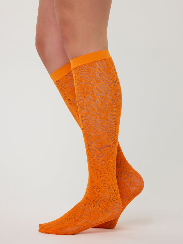 Floral Net Knee-Highs | Orange